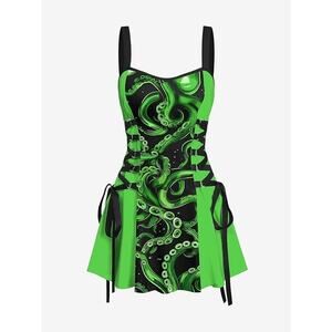 Green and Black Octopus Printed Lace-up Mini Dress Size L